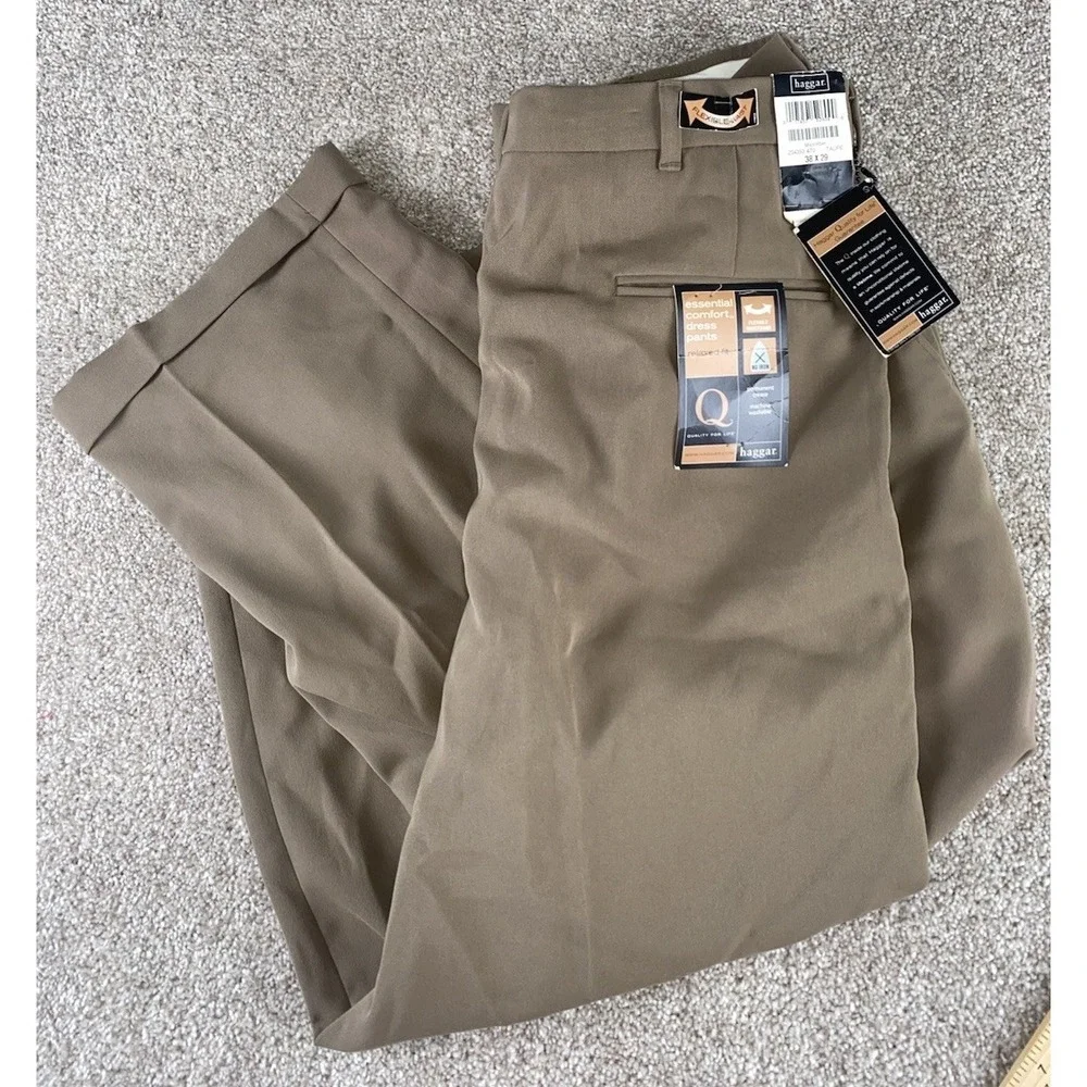 Haggar Flexible Waist Microfiber Non‎ Iron Pleated Pants Mens 38x29 Taupe Preppy